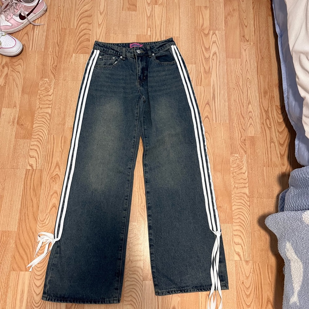 Edikted Black and White Flare Jeans with Side Stripes